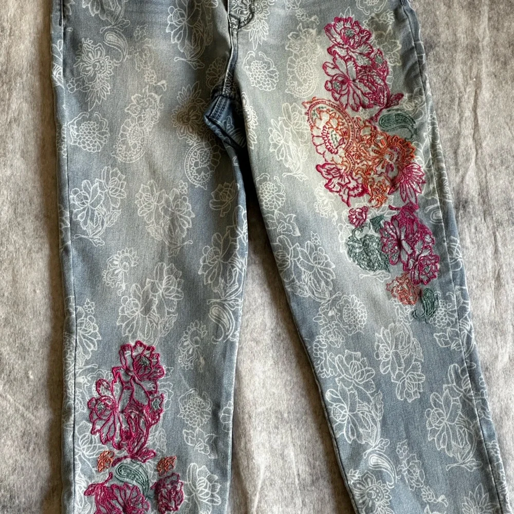 DG2 by Diane Gilman Floral Embroidered Cropped Jeans - Blue and Red - Picture 15 of 15